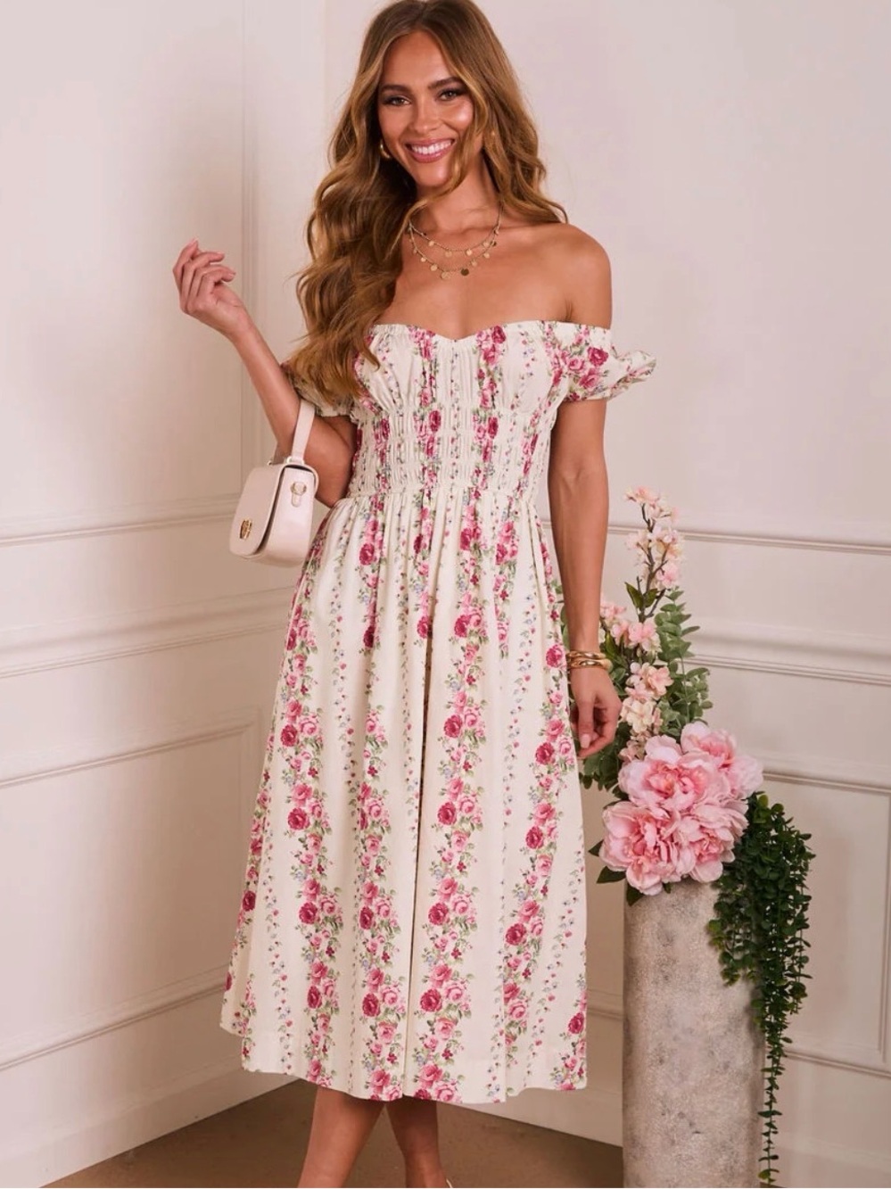 Vici Cream Off-Shoulder Midi Dress with Pink Floral Print